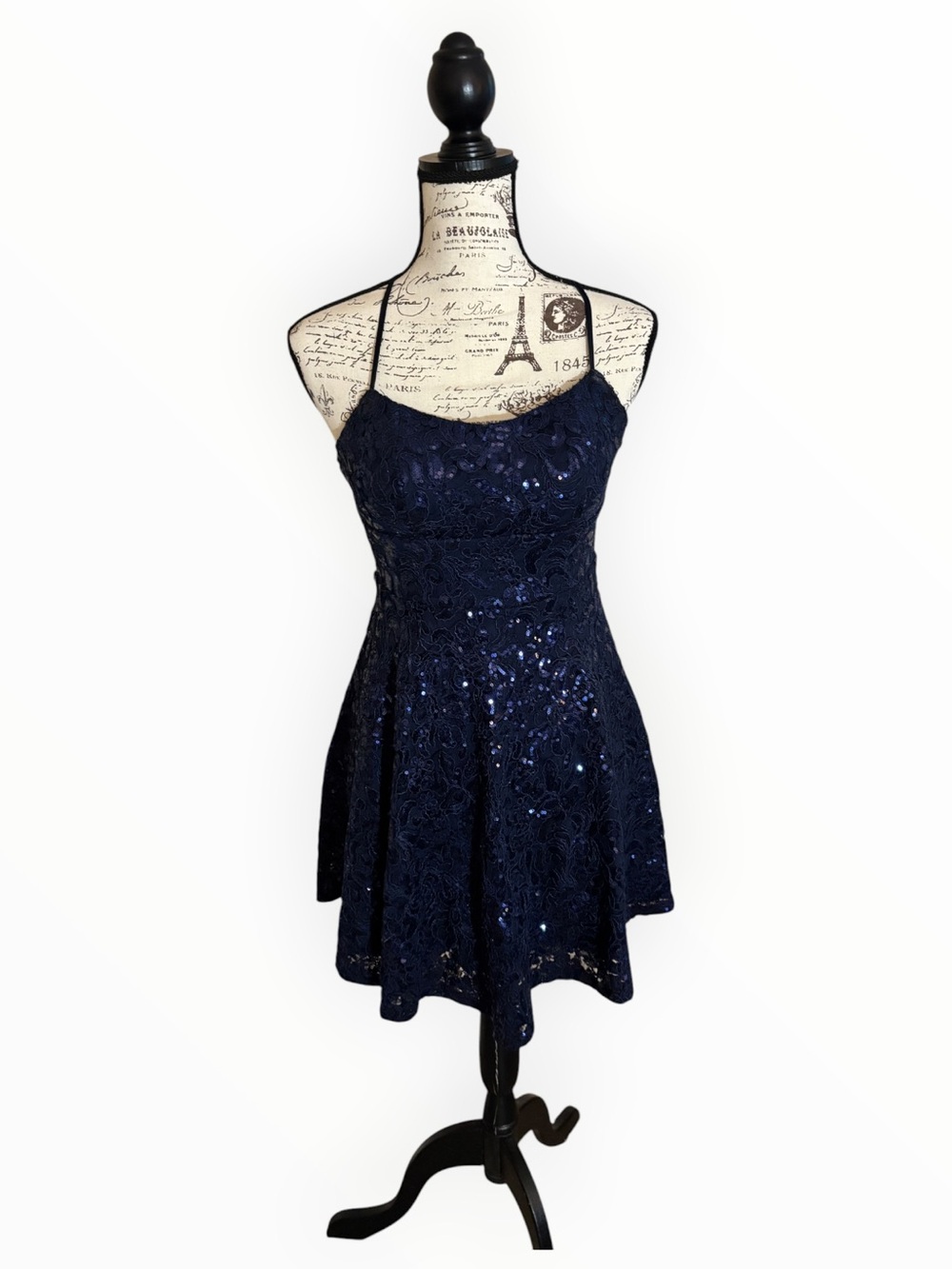 Emerald Sundae | Navy Sequin Lace Fit & Flare Dress | Small
